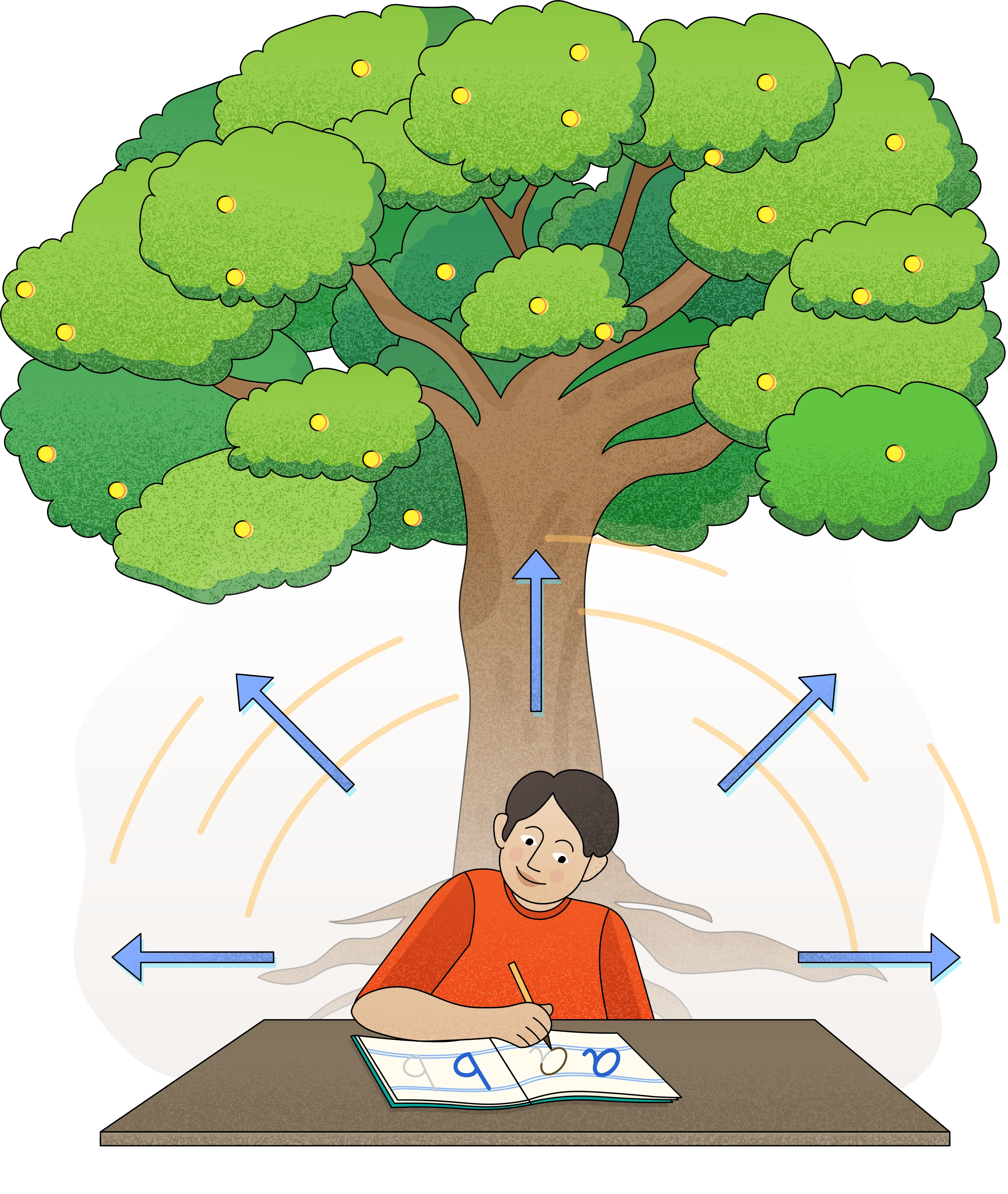A child writing at a desk beneath a flourishing tree